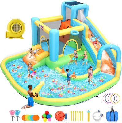 #ad Inflatable Water Bouncy Castle with 2 Slides 2 Pools Jump Area Water Cannon🌈 $379.99