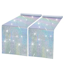 2 Pack Iridescent Silver Sequin Table Runners, 12x72 Inch, Disco Laser Decor