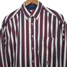 Vintage 1990s Tommy Hilfiger ShirtLarge Maroon Navy Retro Stripe Crest READ