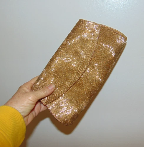 Vintage 50s Schildkraut Bros Gold Circle Beaded Clutch Evening Purse Japan MCM