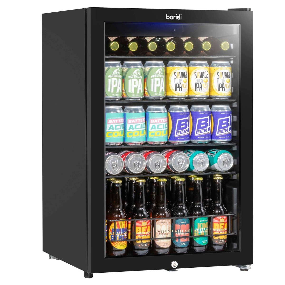 Drinks Cooler 115L Under Counter Fridge, Lock, LED Light