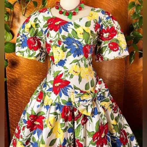 prendisole manica a sbuffo vintage anni 80 bianco floreale cotone lucido vita bassa - Foto 14 di 14