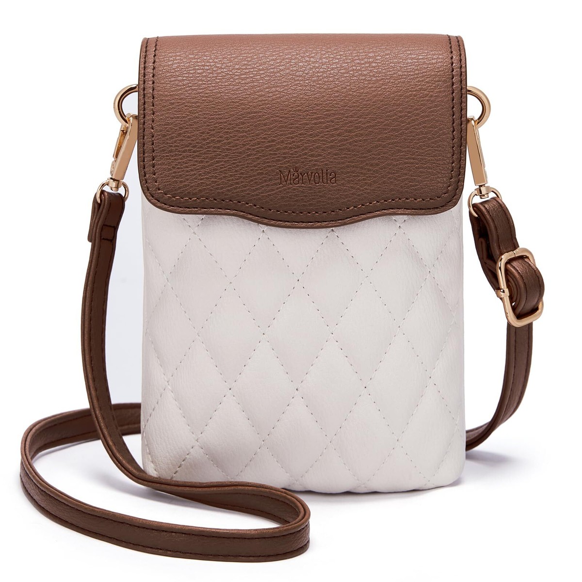 Marvolia Small Crossbody Bag For Women - Vegan Leather Mini Phone Purse, Adjustable Strap, Brown & White