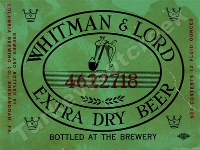 Whitman & Lord Extra Dry Beer Label 9'' x 12'' Metal Sign