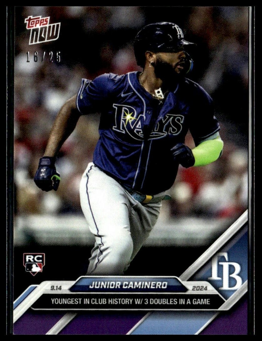 2024 Topps Now 696 Junior Caminero Tampa Bay Rays RC 1st 3 2Bs Purple 16/25
