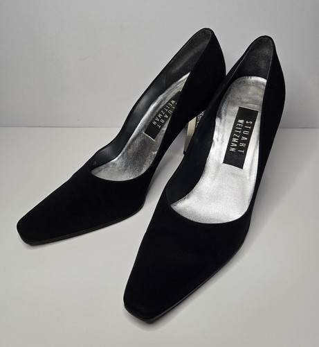 Stewart Weitzman Sz 7 1/2 Plunge Black Peau Du Soie Rhinestone Heels Pumps VTG