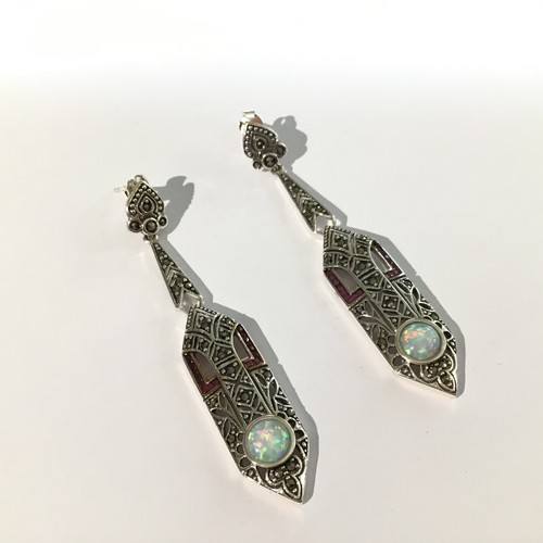 Sterling silver Art Deco Style Geometric Ruby Fire Opal Long Dangle Earrings 6cm - Picture 5 of 7