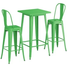 24" Square Green Metal Restaurant Bar Table Set with 2 Cafe Barstool
