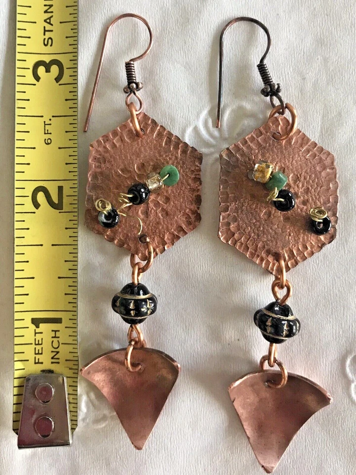 Artisan 手工制作铜吊坠耳环六边形三角绿色黑色珠子 — 第 4/4 张图片