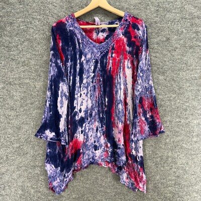 Indie Boutique Blouse Women One Size Blue Colorblock V-Neck Long Sleeve Rayon