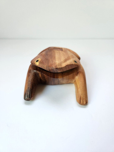 Wooden Frog Toad Trinket Box Jewelry Holder Open Hinged Lid Brown Hand Carved