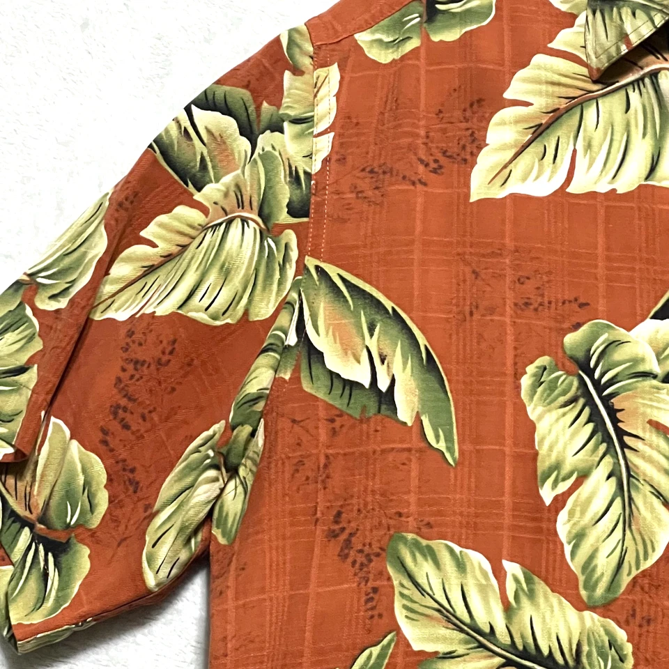 Camisa Island Republic Para Hombres Grande Hawaiana 100% Seda Naranja Verde Hoja Aloha Foto 3 de 4