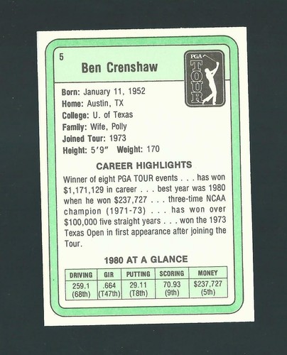 vintage BEN CRENSHAW pga tour GOLF CARD ... MINT - Picture 2 of 2