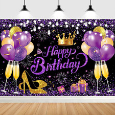 180X120 Cm Glitter Purple Golden Happy Birthday Party Backdrops Cloth 71X47 Inch