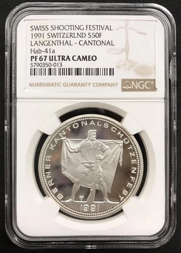 Switzerland 1991 50 francs lagenthal cantonal Ag. X#538. NGC PF67UC