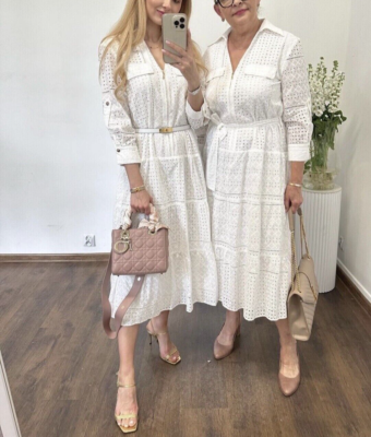 ZARA WOMAN V-NECK OPENWORK EMBROIDERED MIDI SHIRT DRESS WHITE