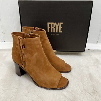 Frye Amy Side Ghillie Western Open Toe Suede Bootie Nutmeg Brown Suede Size 9