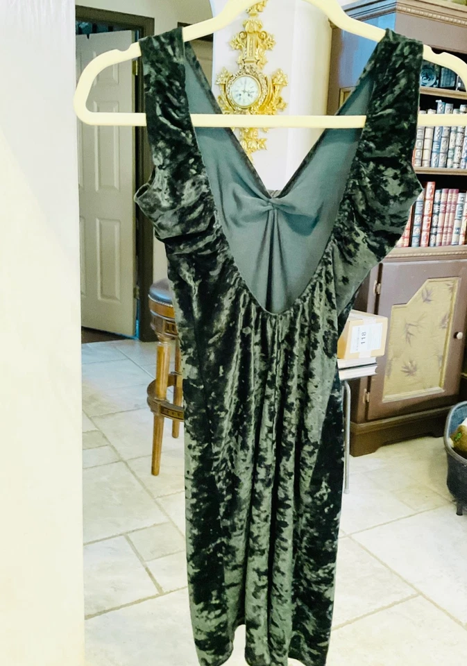 Sexy Mini Vestido Vintage Años 90 Terciopelo Aplastado Elastizado Verde Oscuro XS Espalda Baja Foto 2 de 4