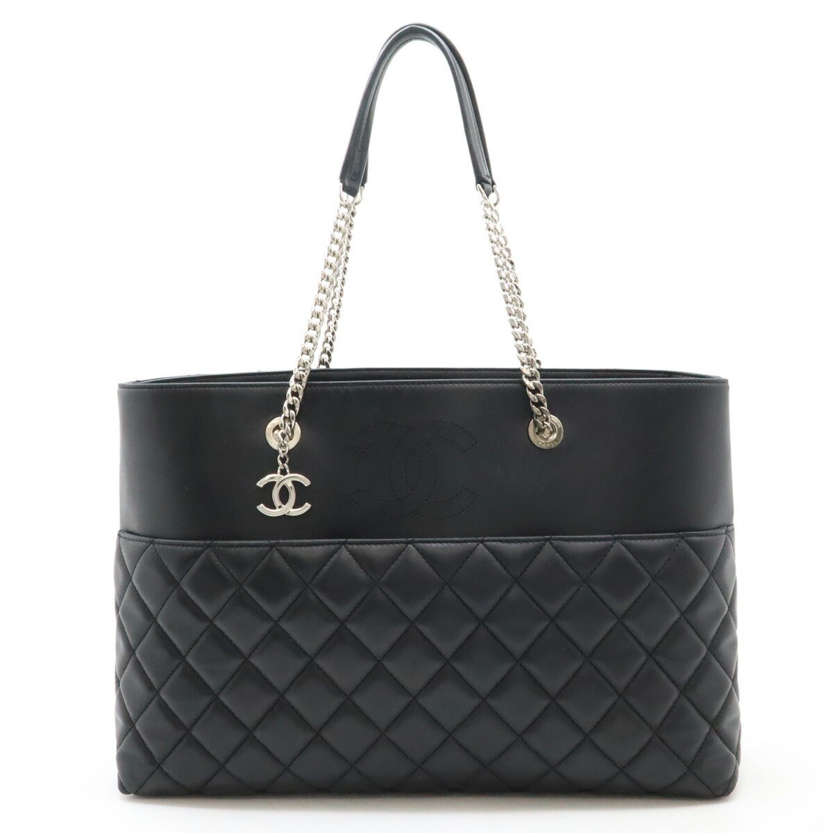 Chanel Matelasse Coco Black Lambskin Leather Chain Shoulder Tote Bag