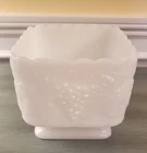 VINTAGE WHITE MILK GLASS SQUARE GRAPE DESIGN FOOTED SCALLOPED CANDY DISH PLANTER