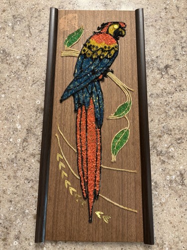 Vintage MCM Parrot Colorful Gravel Art Plaque Wall Hanging 17 X 7 1/2 - Image 1