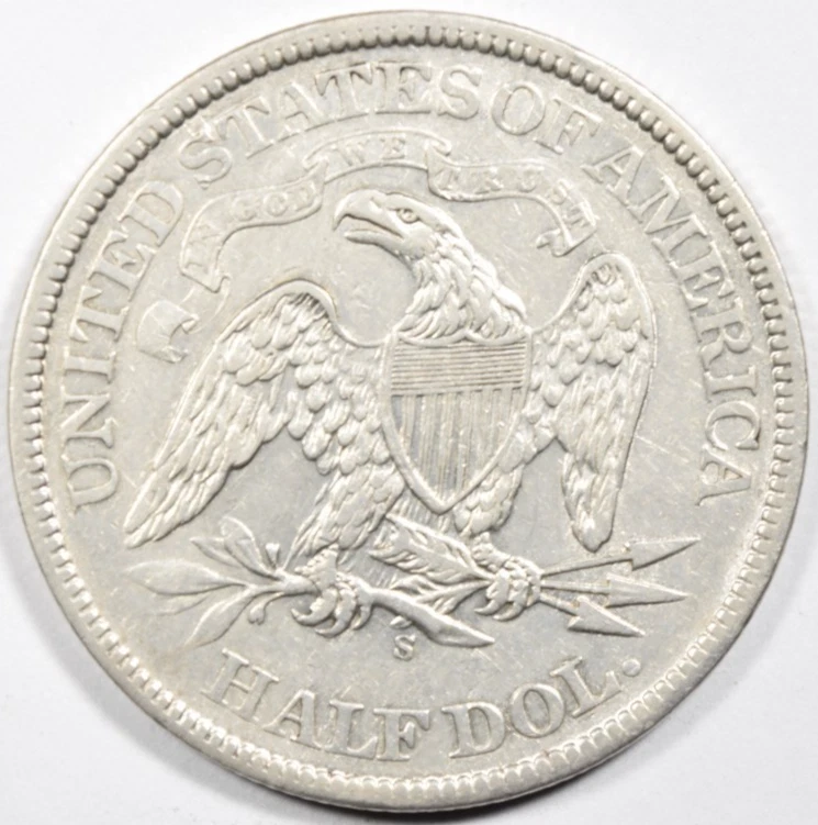 MEDIO DÓLAR LIBERTAD SENTADA 1868-S ~ ¡BONITO AU/BU AFILADO SOBRE SIN CIRCULAR! INV #2 Foto 2 de 2