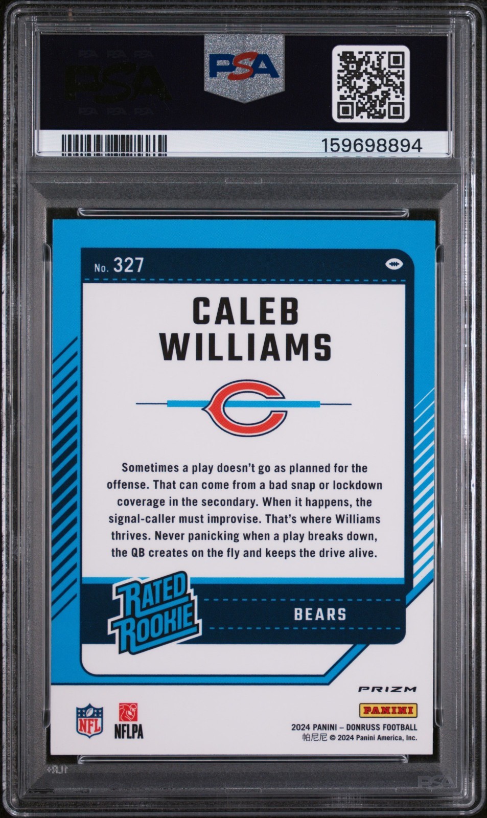 2024 Panini Donruss Rated Rookie Caleb Williams Optic Preview Pink Prizm PSA 9 view 2