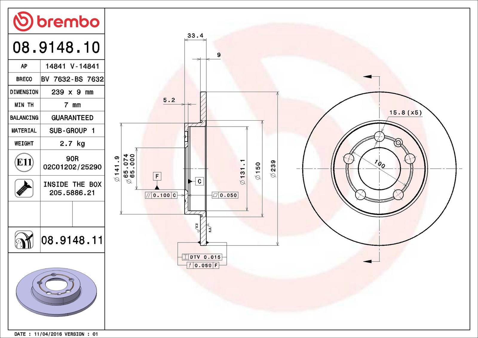 Brembo Bremsscheibe 08.9148.11, Hinten, Voll, 1 Stück - Bild 10