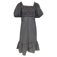 Ganni Gingham Puffed Sleeve Midi Dress In Cotton Women Black Size 38