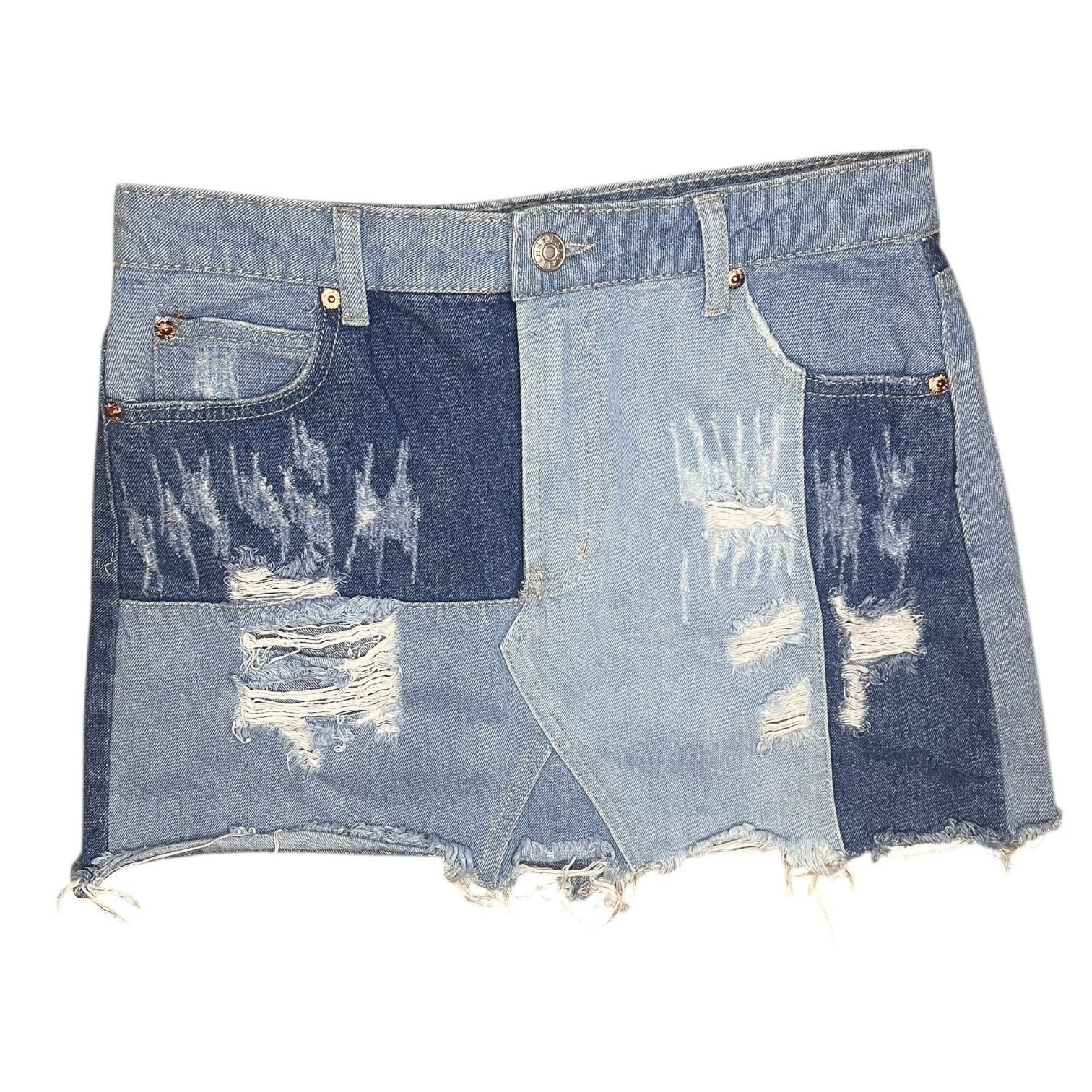 Sunset + Spring Denim Patchwork Mini Skirt – Dist… - image 1