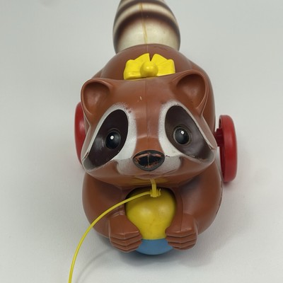 Vintage 1979 Fisher Price Quaker Oats Racoon Pull Toy With Rolling Ball