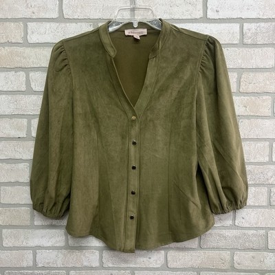 Philosophy Faux Suede 3/4 Sleeve Blouse Womens Large Olive Green Split Neck