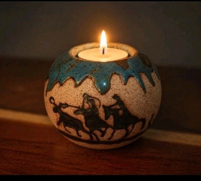 Handmade Studio Pottery Tea Light Holder Horse Western Decor Blue Drip Glaze
