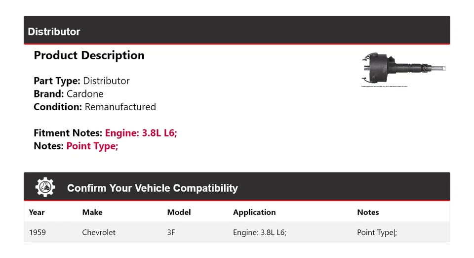 For 1959 Chevrolet 3F 3.8L L6 Distributor Cardone - Image 2 of 4