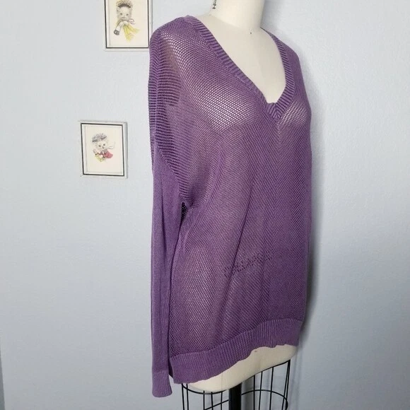 Feel the piece Jersey de punto transparente cuello en V manga larga 100% algodón talla única morado Foto 3 de 4