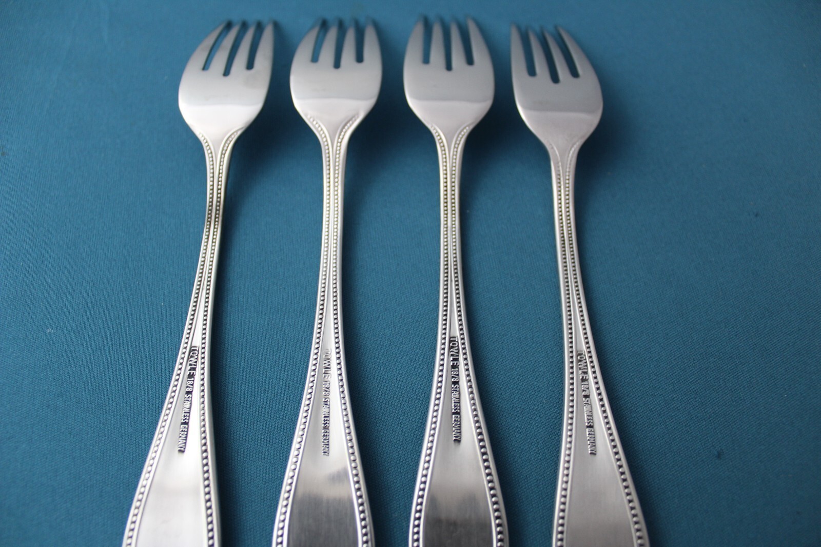 4 Salad Forks Towle BEADED ANTIQUE Satin 18/8 Stainless Germany 7 1/8"