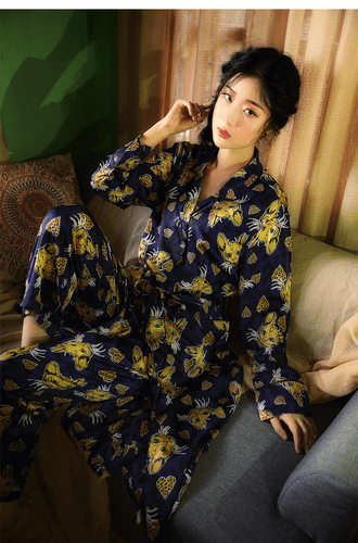 Ladies Womens Yellow Cats Blue Long Robe & Trousers Kimono Pyjamas Set ladpj275 - Picture 6 of 7