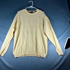 Izod Mens Sweater Yellow Blue Argyle Pattern Long Sleeve Pullover Size L Cotton