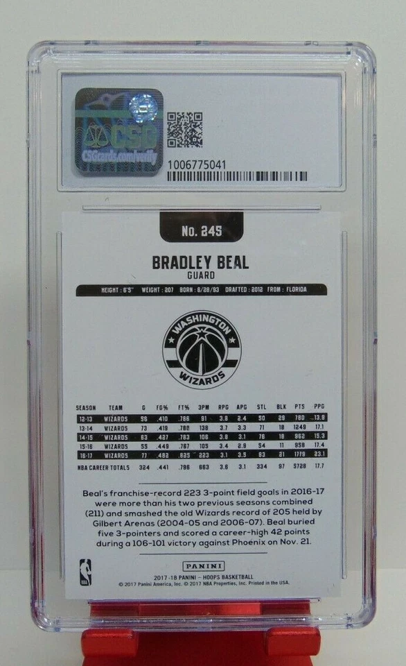 2017-18 Panini NBA Hoops #245 BRADLEY BEAL Green /99 CSG Graded PRISTINE 10 GEM! - Image 2 of 2