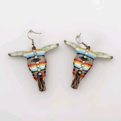 Southwestern Style Blazin Roxx  Cow Skull Design Rhinestone Drop Earrings