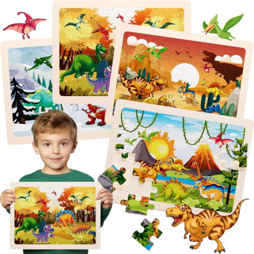 Jigsaw Puzzles Dinosaur Wooden Puzzles for Kids Ages 3-5 Preschool Educational B - Picture 1 of 6
