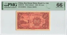 CHINA 20 Cents 1933, Kee Kwan Motor Road Co Ltd, PMG 66 EPQ Gem UNC, S/M#C85