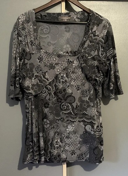 KATIES Extra Large XL Black Grey Floral Pattern Top Square Neck Front Detail VGC