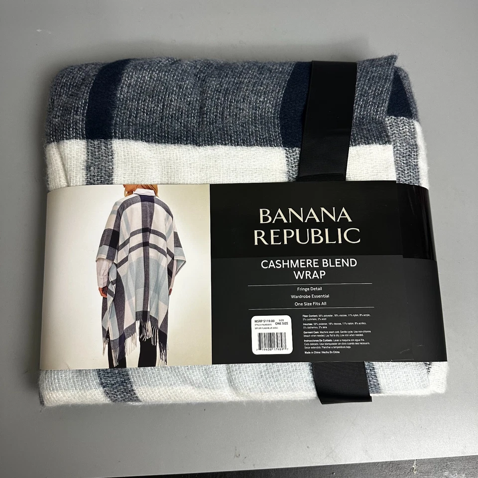 Cashmere Blend Blanket Wrap Women’s Banana Republic Skyler blue Plaid Fringe - Image 3 of 4