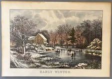 Currier & Ives Early Winter Print 16x11 Color Litho Reprint Vintage Wall Decor