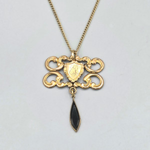 Authentic Repurposed Victorian Rolled Gold/ Plated Ornate Shield Black Glass Drop Pendant
