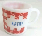 KATHY Name Mug Westfield Red White Gingham Checkered Milk Glass Cup Vintage 3"