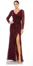 NWT Mac Duggal garnet maroon sequin lace long sleeve ruched gown Size 4