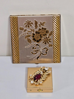 Mirrored Metal Compact Case with Puff Jeweled Metal Pillbox. Goldtone. Unique.