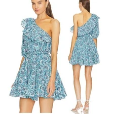 NEW RHODE OZZIE ONE SHOULDER DRESS IN AQUA LOTUS PRINT SIZE S
